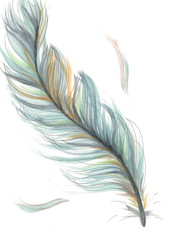 Original Drawing/Illustration Blue Feather