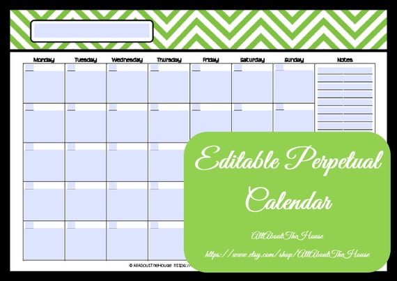 Editable Printable Calendar Perpetual Calendar Chevron Calendar