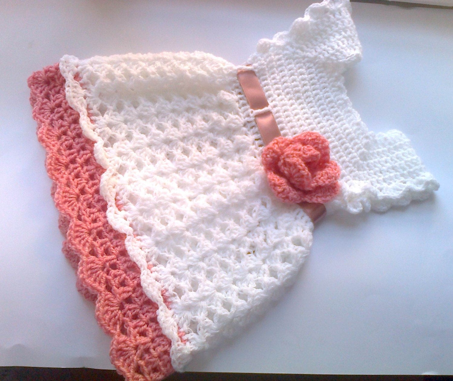 Handmade Crochet Baby Dress in white and Dusty Pink Newborn
