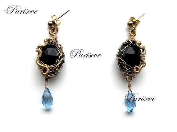 Goldenwire crocheted  earring, blue Swarovski crystals and  black glass pearls, free delivery.