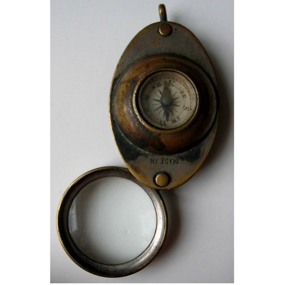 Antique BRASS Compass & Magnifying Glass made in ENGLAND