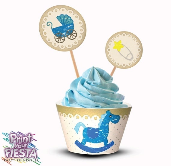 Print Your Fiesta digital party set - Shabby Blue Baby Shower Cupcake Kit - cupcake wrappers, circle toppers, Free shipping Il_570xn