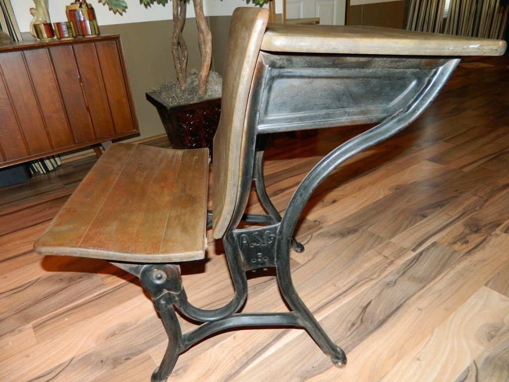 Antique Cast Iron and Wood School Desk A S co American seating