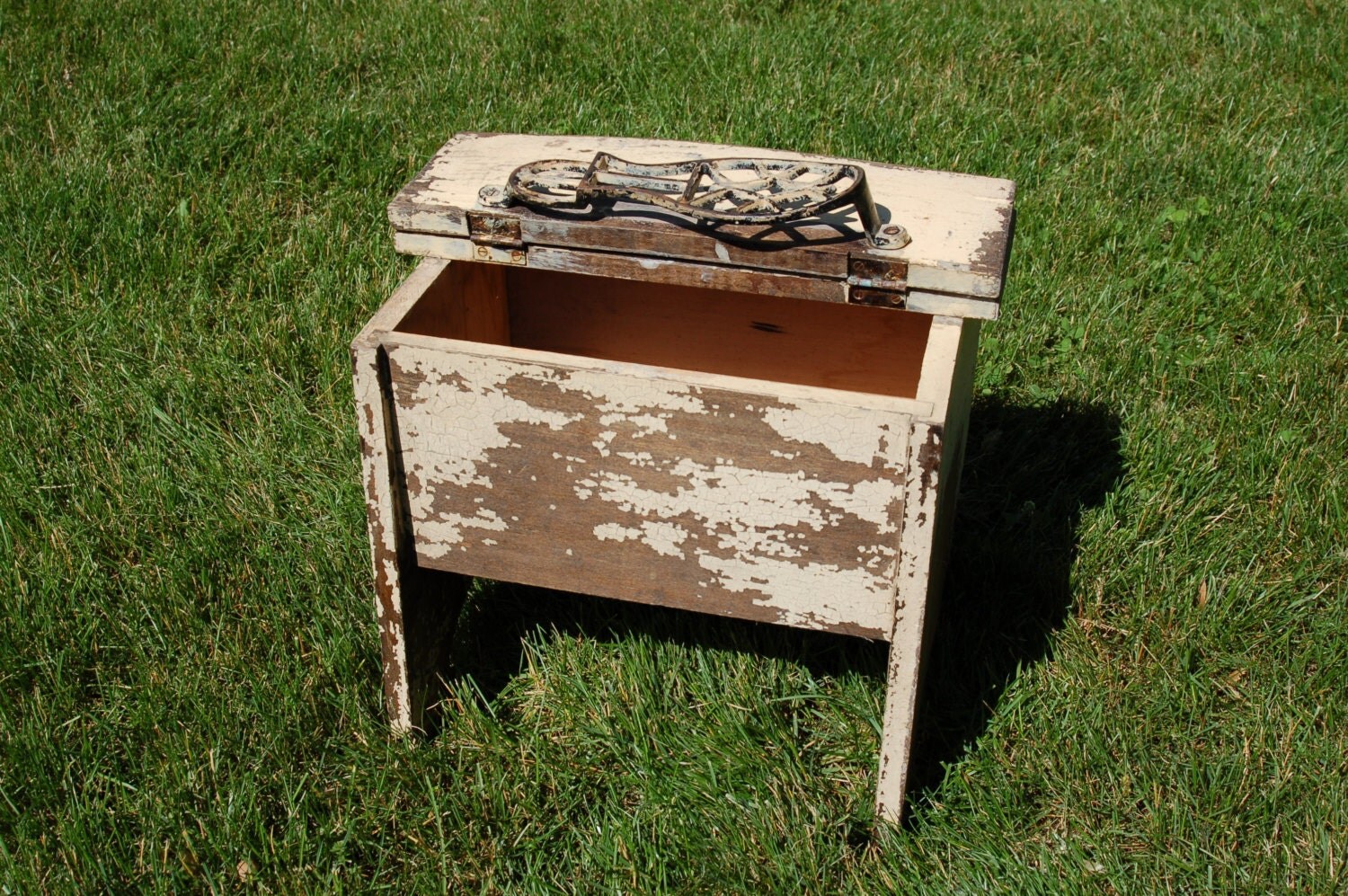 Antique Wooden Shoe Shine Box Stool with Cast Iron Shoe Rest