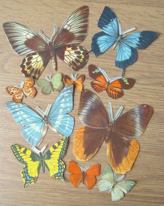 Vintage paper butterflies: old paper 1950s butterflies for altered art, collage, scrapbooking, upcycling -pack of 11 butterflies from the UK