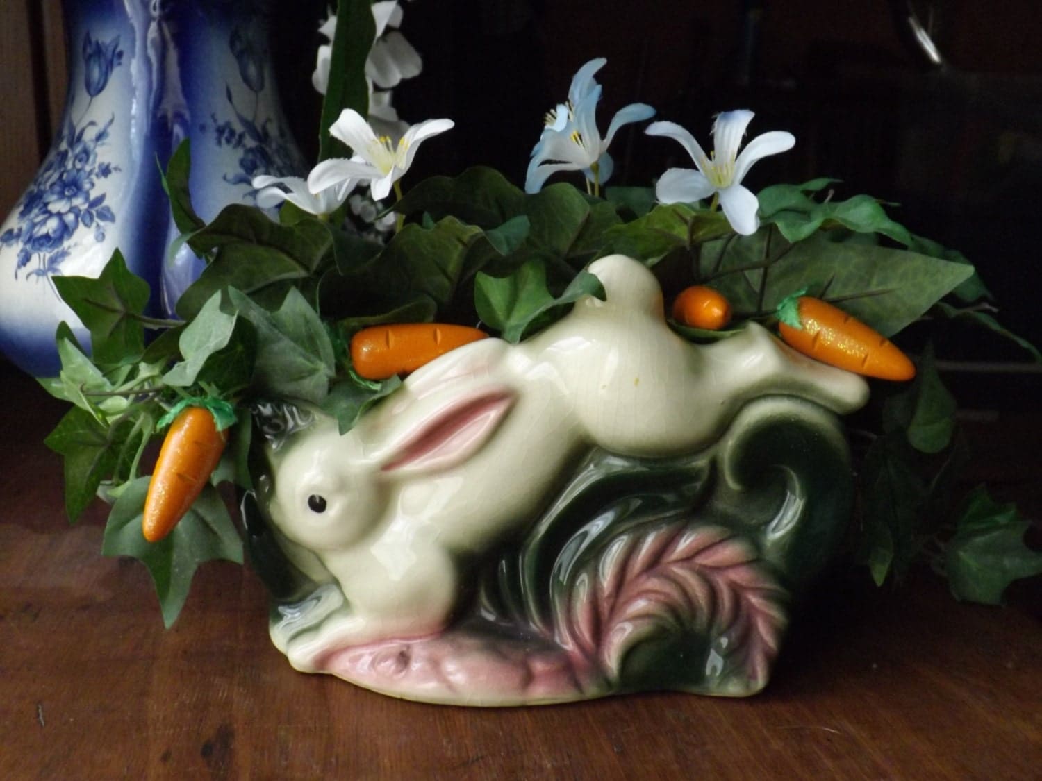 Vintage Hopping Bunny Rabbit planter with arrangement Really