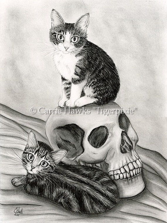 Witch's Cat Art Tabby Kittens Cats Skull Gothic Fantasy Cat Art Print 8x10