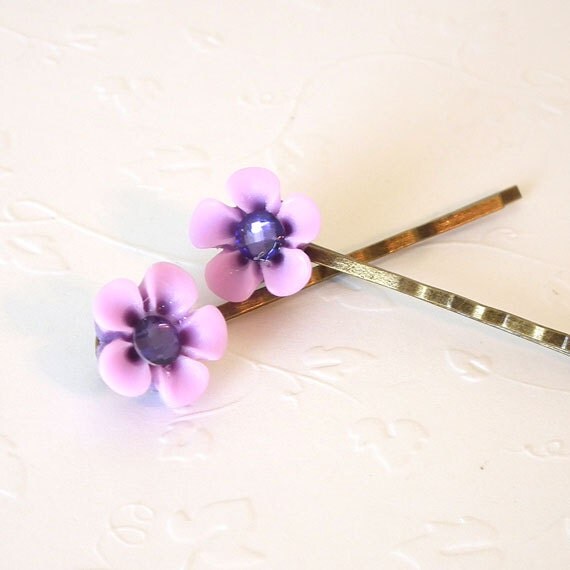 Items similar to Pink Flower Bobby Pins, Rhinestone Centers on Etsy