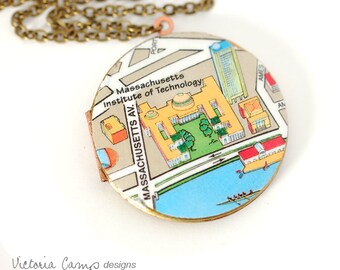 MIT Boston Map Necklace, Vintage Locket, Brass Chain, Large Locket, College, University - Ready to Ship