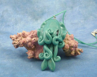 Tropical Sea Cuttlefish Necklace, Aqua Blue Handmade Polymer Clay Jewelry