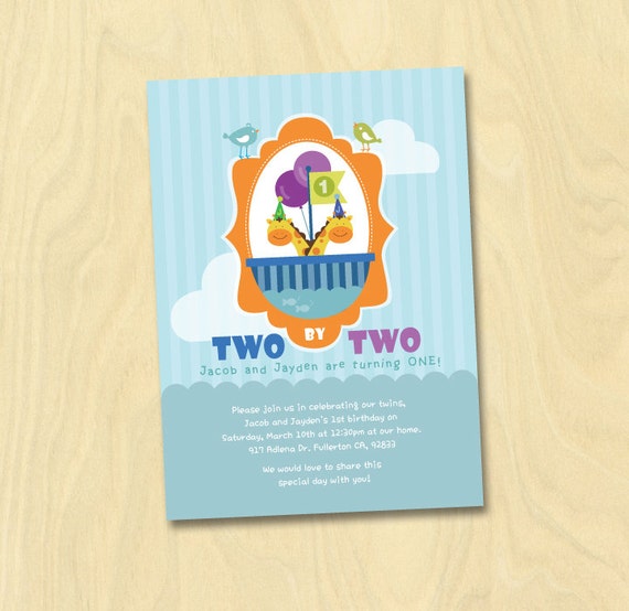 Noah's Ark, Two by Two, Giraffe Twin Birthday Invitation Il_570xn
