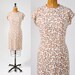 1950's Vintage Rayon Dress: Latte Barkcloth Floral Print, Mid Century Modern Day Dress Spring Summer