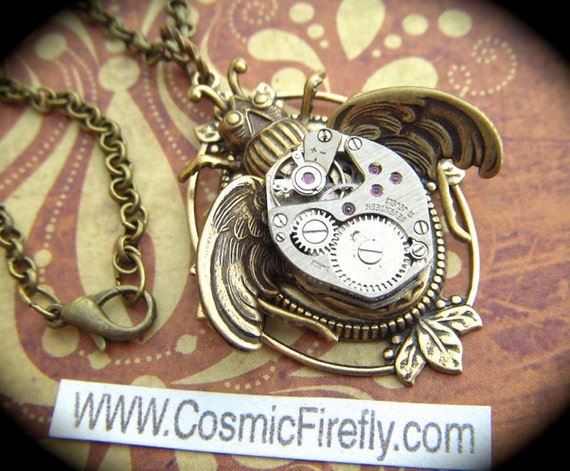Steampunk Bug Necklace Rustic Bug Pendant Steampunk Necklace Vintage Watch Movement Gothic Victorian Antiqued Brass Rustic Finish NEW by CosmicFirefly steampunk buy now online