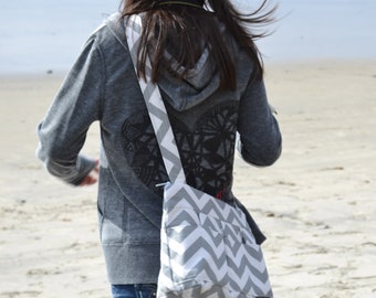 Womens camera bags, made in the USA by Darby Mack Grey Chevron stripe, cotton, washable, best seller! Lightweight & durable