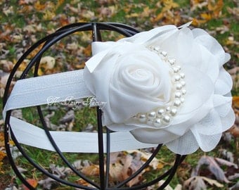 White Flower Headband, Chiffon Rose w/ Pearls Headband or Hair Clip, The Audrey, Baptism, Christening, Wedding, Baby Child Girls Headband