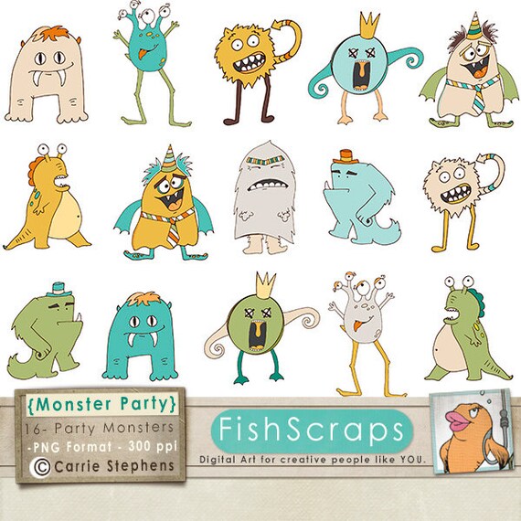 50% Sale - Monster Clip Art - Digital Graphics - Birthday Party Invitations & Cupcake Toppers (Modern Boy) Il_570xn