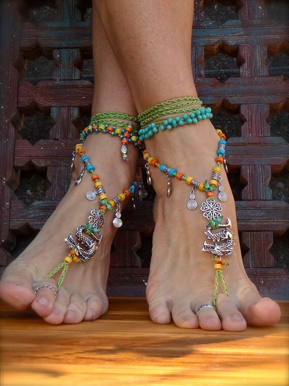 Fierce DRAGON BAREFOOT sandals Green Anklets crochet Gypsy