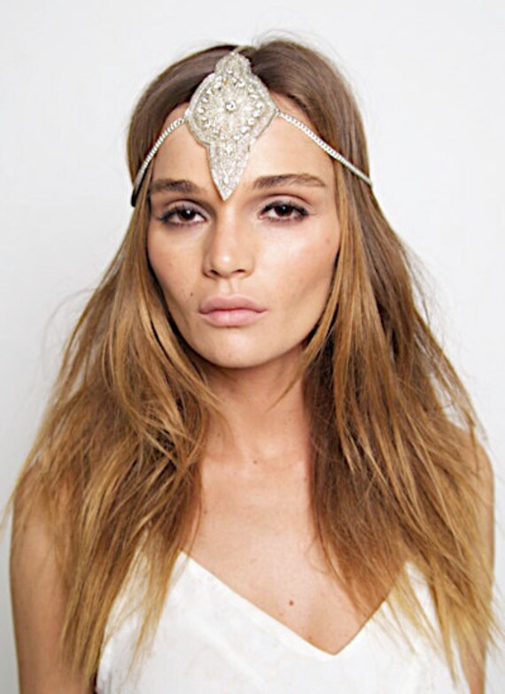 Great gatsby inspired crystal pearl Chain Headpiece Headband Grecian
