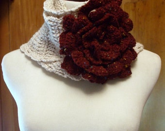 Hand Crochet Cream Scarf and Large Exotic Crochet Flower Broach in Burgandy Wine, Crochet Scarf, Cowl, Flower Pin