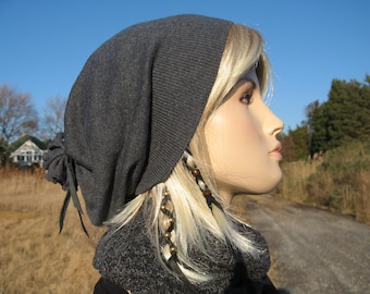 Cashmere Beanie Hat Women's Our Basic Cashmere Slouch Tam Charcoal Gray with Black Leather Tie Back A792