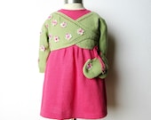 Knitted baby dress and cache-coeur with little flowers. 100% cotton. MADE TO ORDER