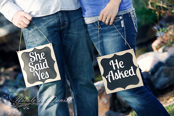 He asked she said yes engagement photo prop signs Il_570xn