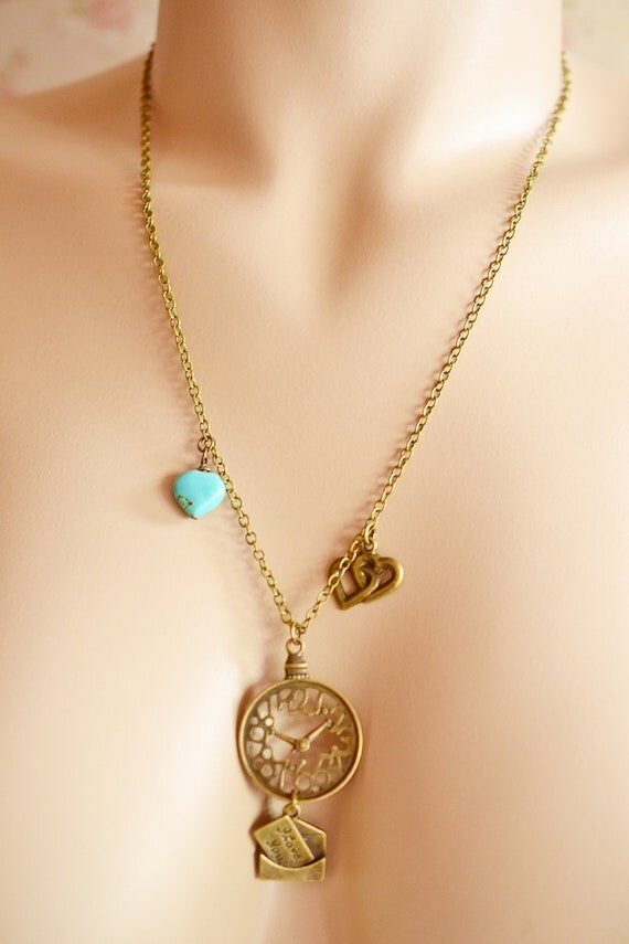 Love Letter Clock Charm Necklace Petite Heart Whimsical by KimFong