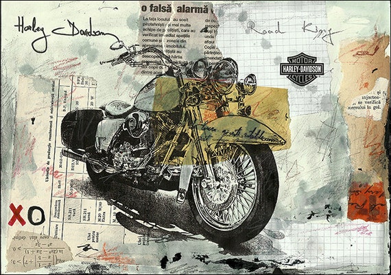 Harley Davidson canvas gift Art PRINT poster Illustration Drawing Sketch Collage Mixed Media Painting signed autographed Emanuel Ologeanu