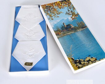 1960s Handkerchiefs White Handkerchief Embroidered Handkerchiefs Set Three White Hankies New in Box Hankies Vintage 60s White Hanky