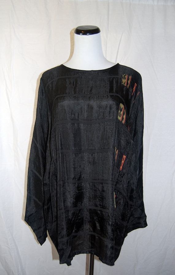 Vintage 80s Laise Adzer Flowy Lagenlook Blouse w Ikat Squares