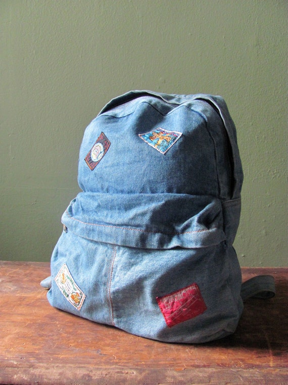 1980s denim backpack with patches made by Shane