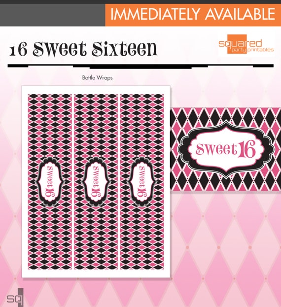 Zebra Sweet Sixteen - 16 - Bottle Wraps, Drink Wraps - Hot Pink - DIY Print - Zebra Print and Hot Pink - Instant Download Il_570xn