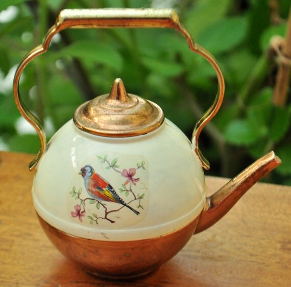 Miniature teapot painted cream metal floral by PearlsandChina