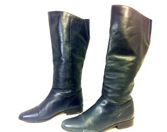 Vintage Navy Leather Riding Boots 9 - Knee High Slouchy Flat Boots 9 - Womens Boots 9