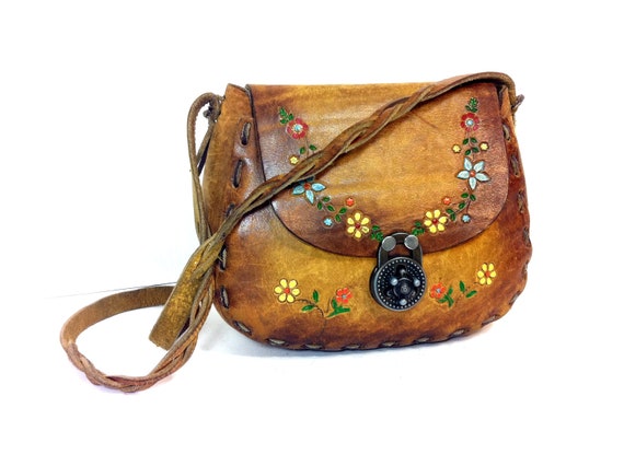 70s Leather Tooled Purse Floral Boho Hippie Bag Braided