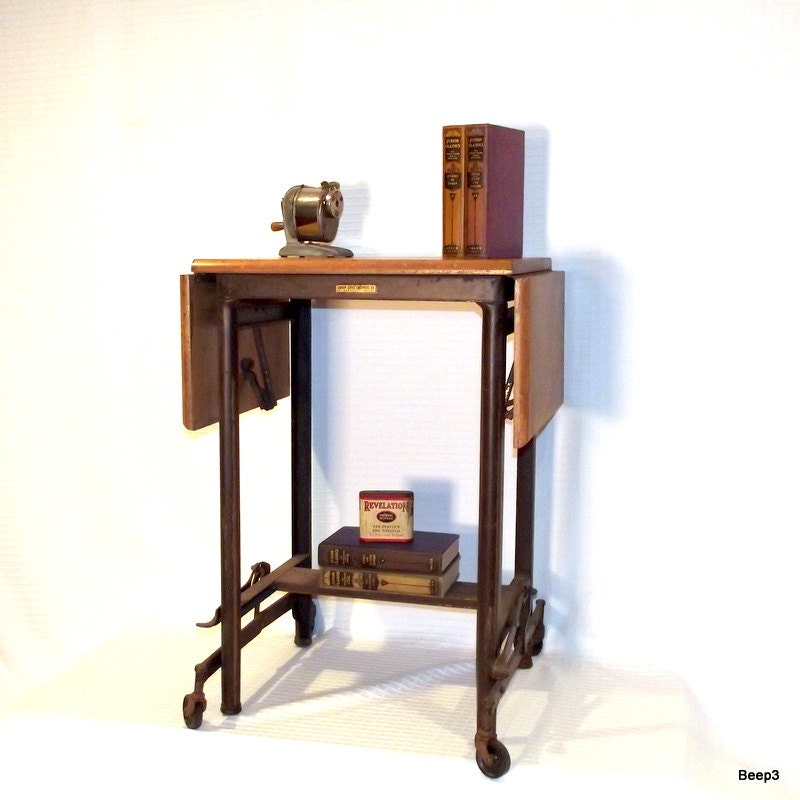 Antique Wood Top Metal Typewriter Table Rolling Cart