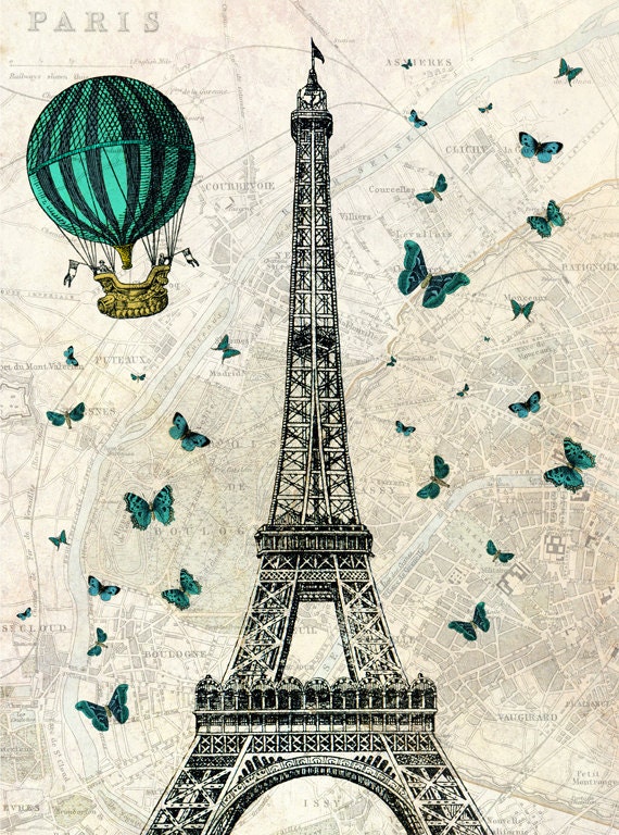 Eiffel Tower with Hot Air Balloon and Butterflies by 