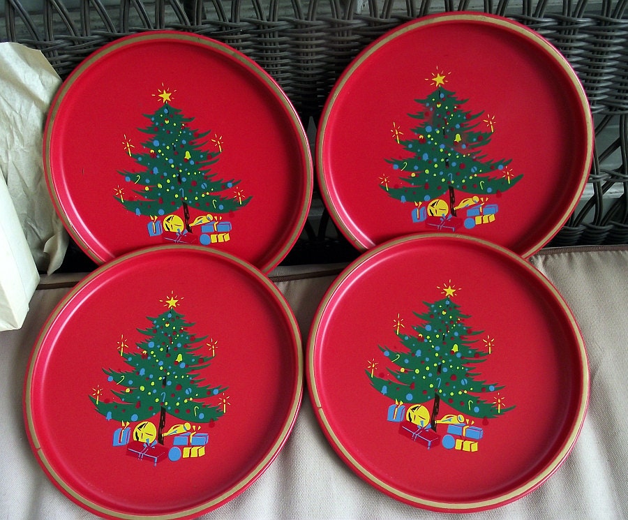 Holiday Serving Tray Set Christmas Tree Design, Vintage Nashco Metal ...