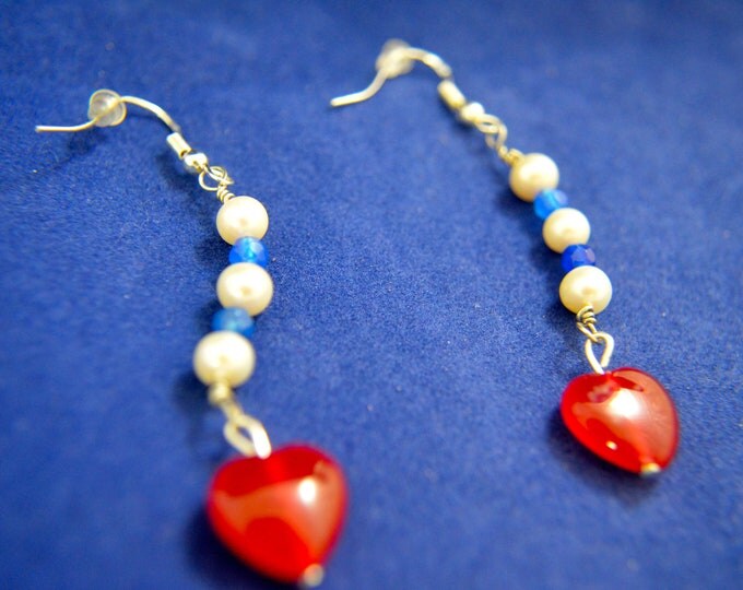 Ruby, Pearl and Sapphire Studs, 2.5" Long, Natural Gem Beads, Sterling Silver French Hooks E77
