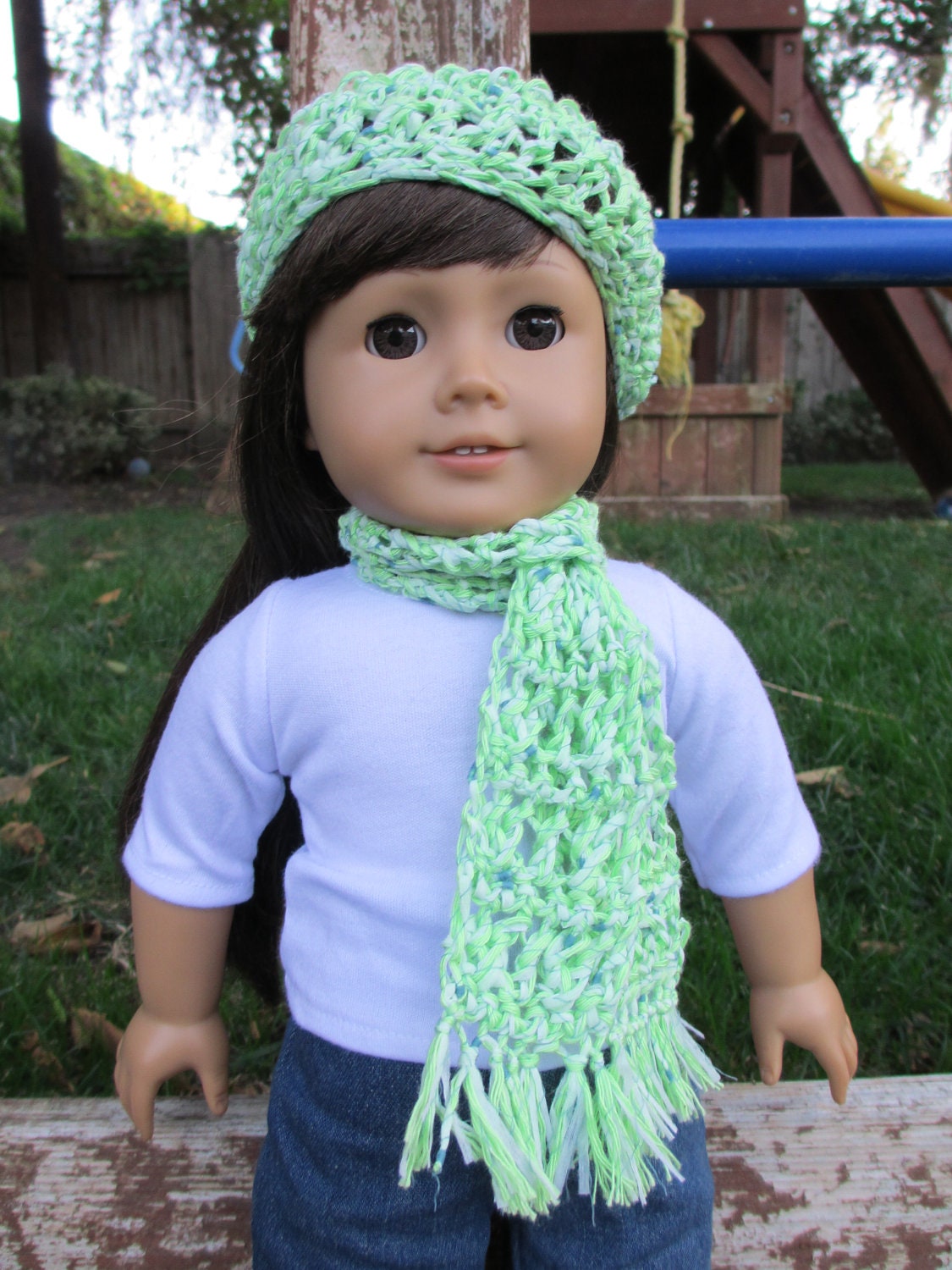 Crocheted Beret Hat and Scarf Set Lime by JenniesCrochetCrafts