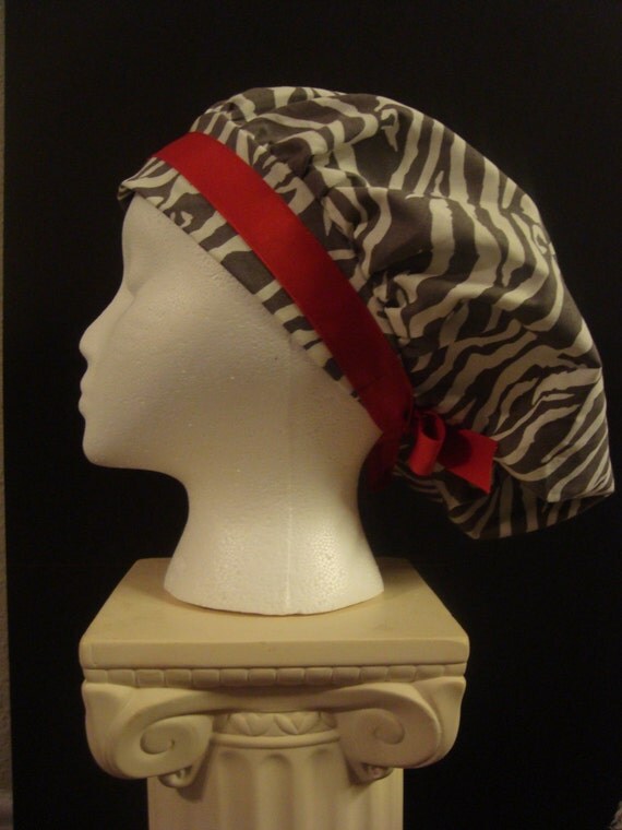 Gray Zebra and Red Bouffant Surgical Scrub Hat by SewStitchinCool