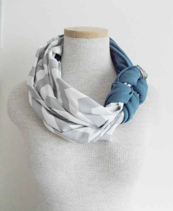 Half Braided Knot Scarf - Grey and White Chevron and Stone Washed Blue Jean by MegansMenagerie on Etsy