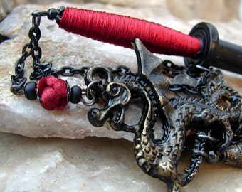 Hair Sword - Hair Stick Black with Crimson Red Silk and Dragon Charms Hair Dagger Geisha Hairstick Hair Sticks Dragon Sword - Qiang