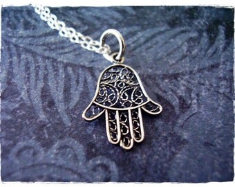 Silver Filigree Hamsa Hand Necklace - Sterling Silver Filigree Hamsa Hand Charm on a Delicate Sterling Silver Cable Chain or Charm Only