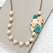 Statement Necklace, Asymmetrical Flower Pendant, Teal Rose, Cream Ivory Pearls, OOAK Handmade Jewellery, Floral Accessories Vintage Style