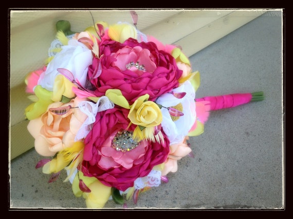 Handmade Fabric Flower Wedding Bouquet in Pink, Yellow, Peach and White