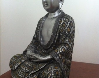 Sitting Buddha Statue - Asian Silver Meditating Zen Hindu Sculpture - Great Gift