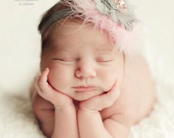 Gray & Pink Shabby Flower Feather Headband With Stunning Rhinestone Center - Perfect Newborn Baby Girl Photo Prop - Hospital Headband
