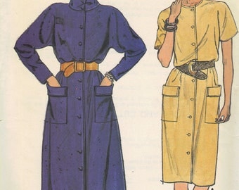 Butterick 80s Sewing Pattern Shirt Dress Button Front New Wave Style Straight or Flared Blouson Bodice Long Short Sleeves Uncut Bust 36