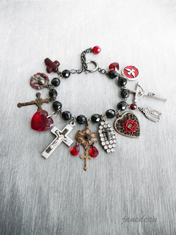 Dark Cross Charm Bracelet vintage charms on rosary chain